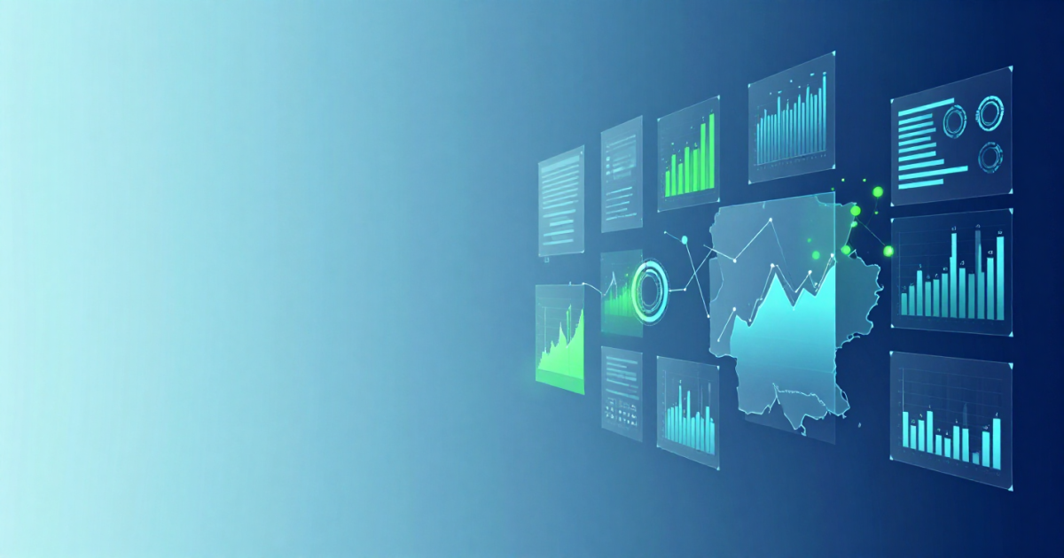 A futuristic digital dashboard floating on a blue gradient background. A translucent map of Germany is surrounded by various holographic screens displaying bar graphs, line charts, data lists, and circular indicators in glowing cyan and green colors.
