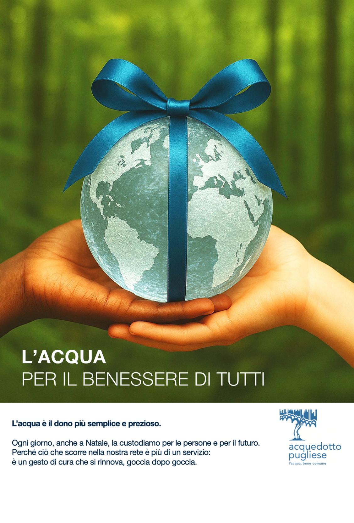 Due bambini che reggono una palla di vetro con un nastro blu intorno