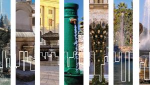 Report sostenibilità 2026 Composizione grafica composta da sette sezioni verticali, ognuna delle quali mostra una diversa fontana o installazione idrica, caratteristica del territorio servito dall'Acquedotto Pugliese