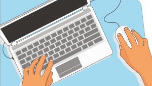 un'illustrazione in stile vettoriale bidimensionale con una prospettiva dall'alto, che mostra una persona intenta a utilizzare un computer portatile su una scrivania.