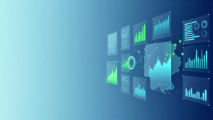 A futuristic digital dashboard floating on a blue gradient background. A translucent map of Germany is surrounded by various holographic screens displaying bar graphs, line charts, data lists, and circular indicators in glowing cyan and green colors.