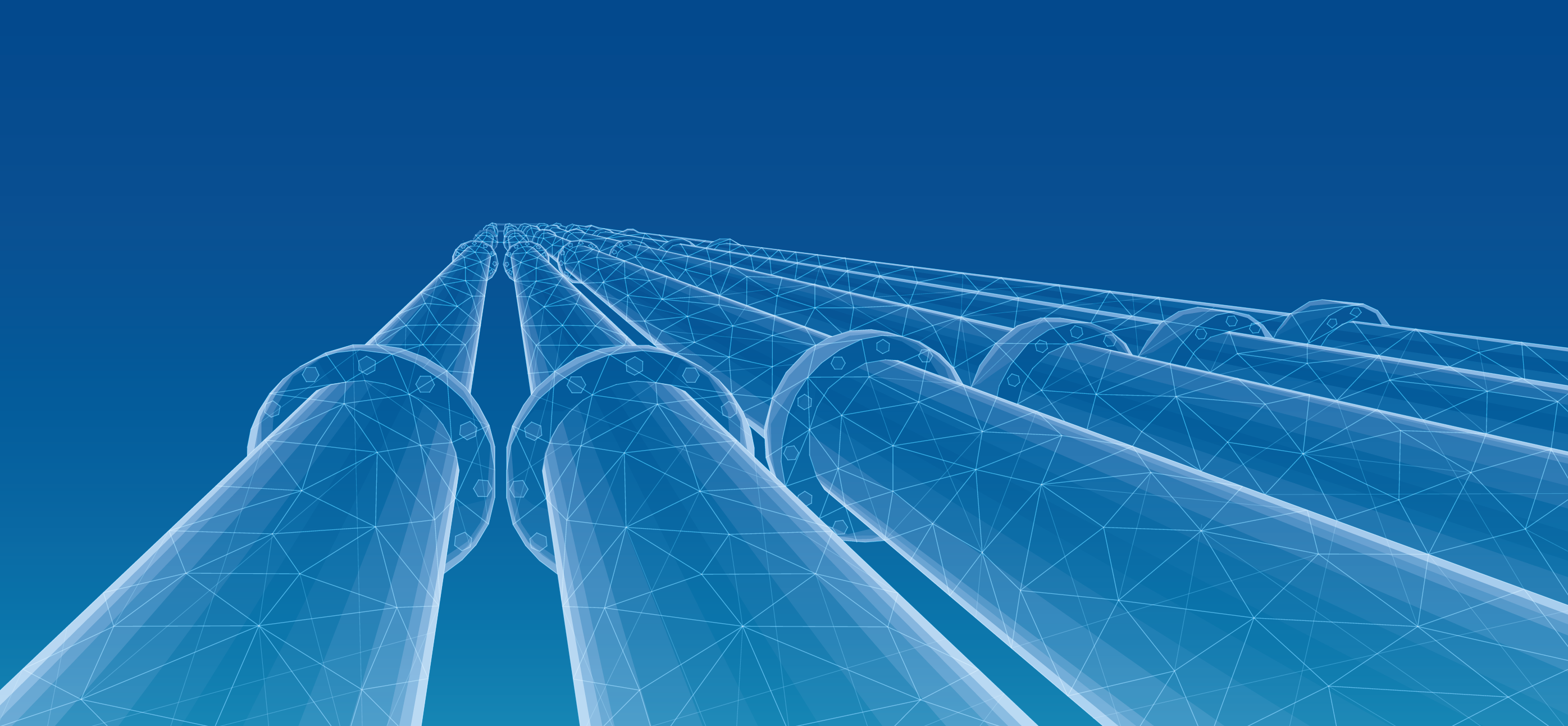 illustrazione digitale monocromatica in tonalità di blu, sul lato destro una serie di tubazioni industriali viste da una prospettiva dal basso verso l'alto. 